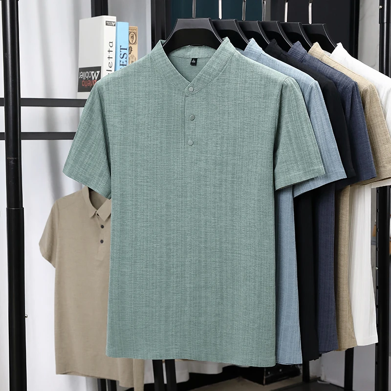 Linen Shirt Breathable - メンズマンダリンカラーハーフプラケットリネンテクスチャード半袖シャツカジュアルトップスしわになりにくい通気性のある夏服