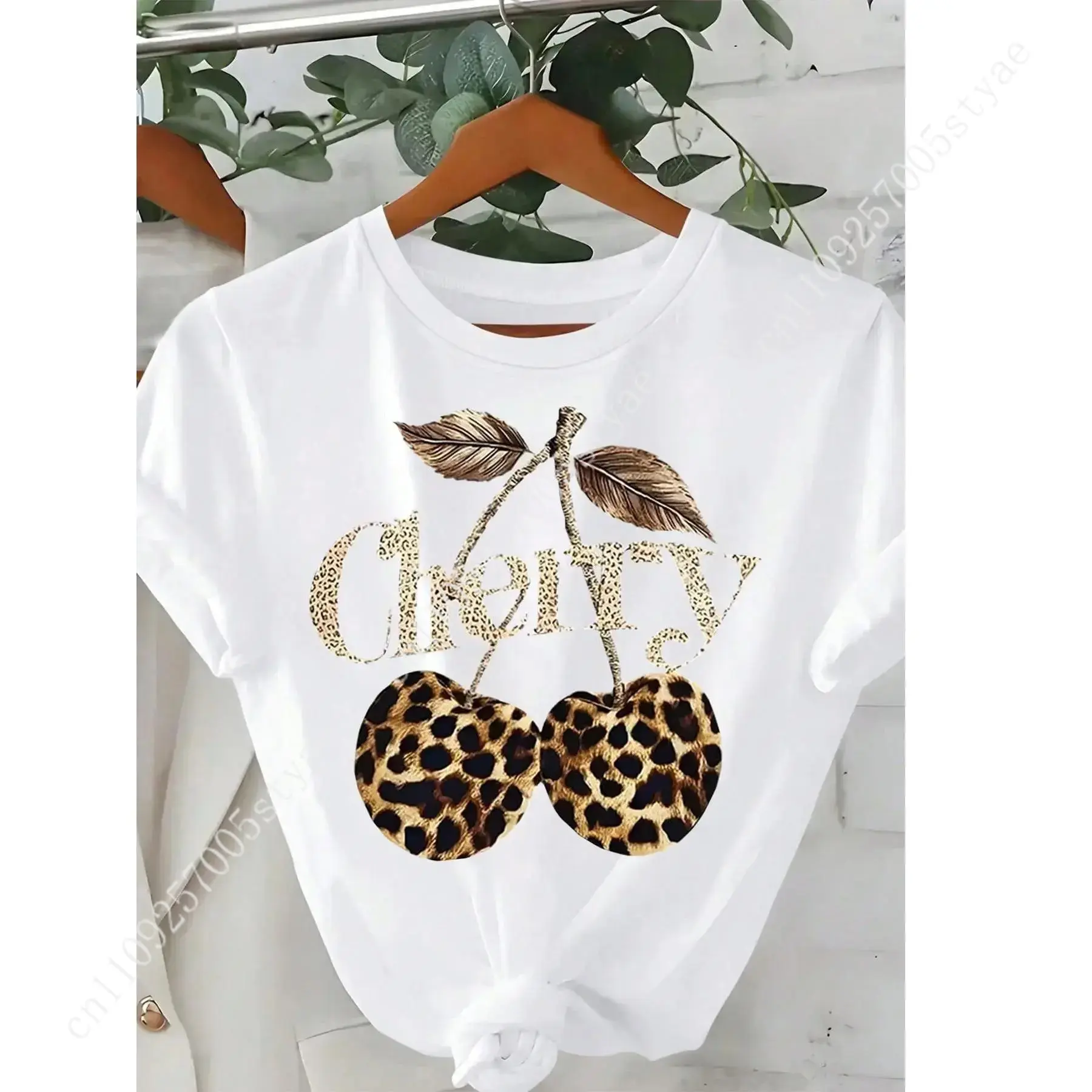 Tee Graphic Print - レディース チェリー＆ヒョウ柄ラウンドネックグラフィックTシャツ、ヴィンテージ風カジュアル半袖Tシャツ、普段着、レディースオールシー