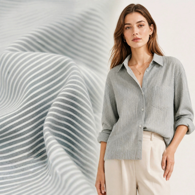 Linen Shirt Breathable - 和風のグレーホワイトの細ストライプの通気性のある綿麻生地。テーブルクロス、ドレス、シャツ、パンツ、手作りDIY生地に最適です。