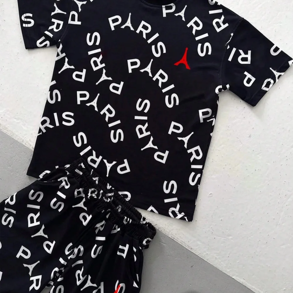 Tee Graphic Print - メンズレタープリントラウンドネック半袖TシャツショーツセットカジュアルスーツメンズパリグラフィックTシャツメンズアウトドアトレンドスポーツウェア