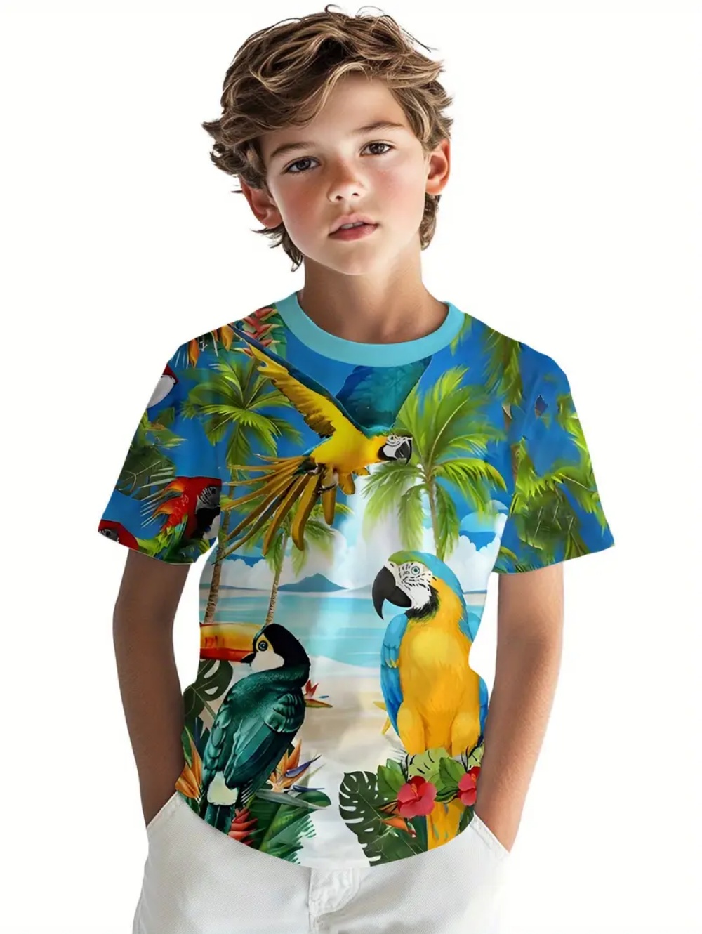 Tee Graphic Print - キッズ トロピカル マコアオウム ビーチプリント 半袖 Tシャツ