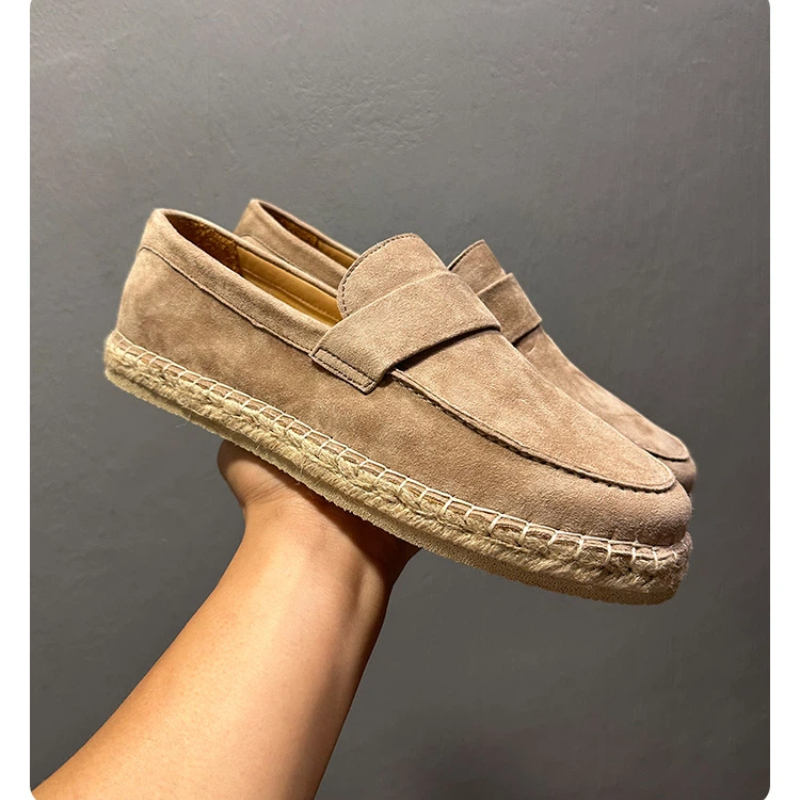 Espadrille Slip On - YETTIES メンズ通気性シープスエードエスパドリーユ プレミアムラムスキンレザー スリップオン レイジーローファー ジュートソール＆快適なフィット感