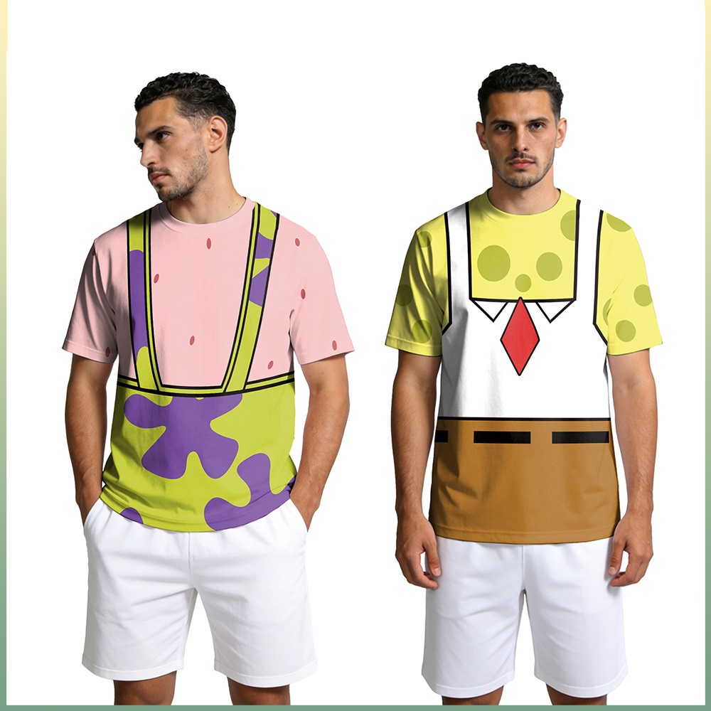 Tee Graphic Print - スポンジ＆パトリック・スター コスプレ Tシャツ - ハロウィンパーティー用プリントグラフィックTシャツ、カジュアルで多用途な日常着トップス