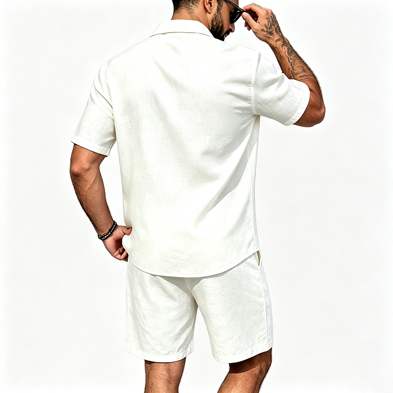 男性リネンツーピース衣装半袖ラペルボタンシャツ弾性ドロースト - Linen Shirt Breathable のレビューと価格