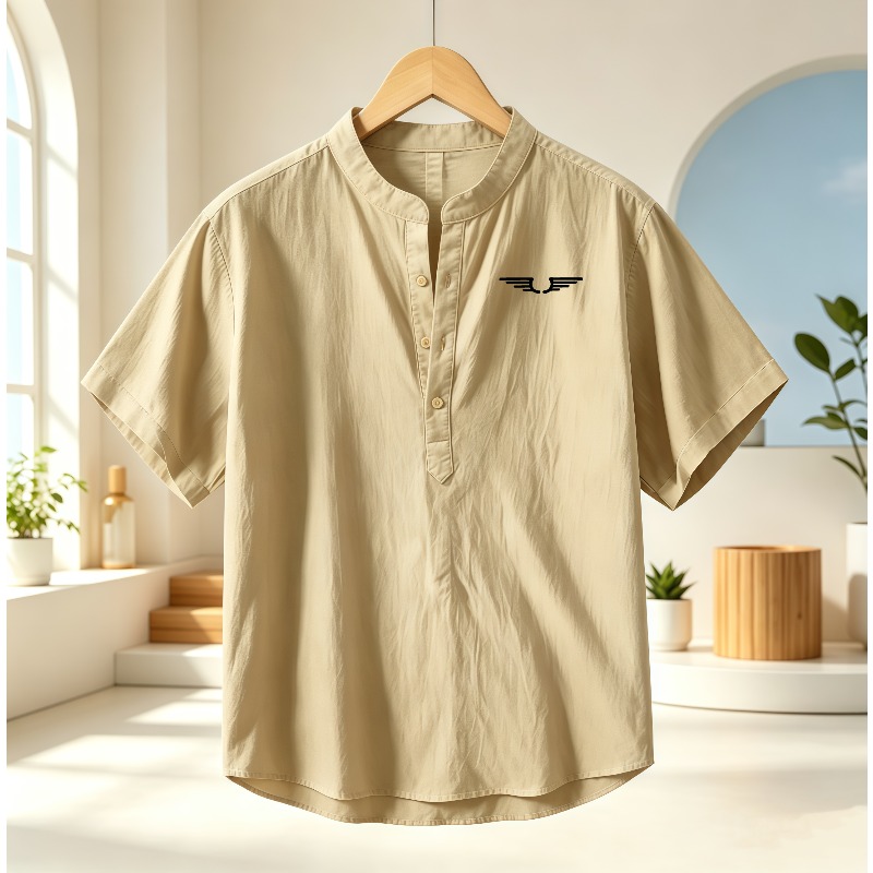メンズ綿麻ヘンリーカラー半袖シャツ、柄プリント入り通気性カジ - Linen Shirt Breathable のレビューと価格