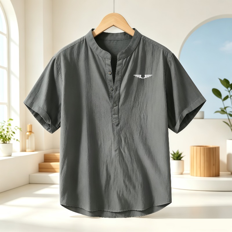 メンズ綿麻ヘンリーカラー半袖シャツ、柄プリント入り通気性カジ - Linen Shirt Breathable のレビューと価格
