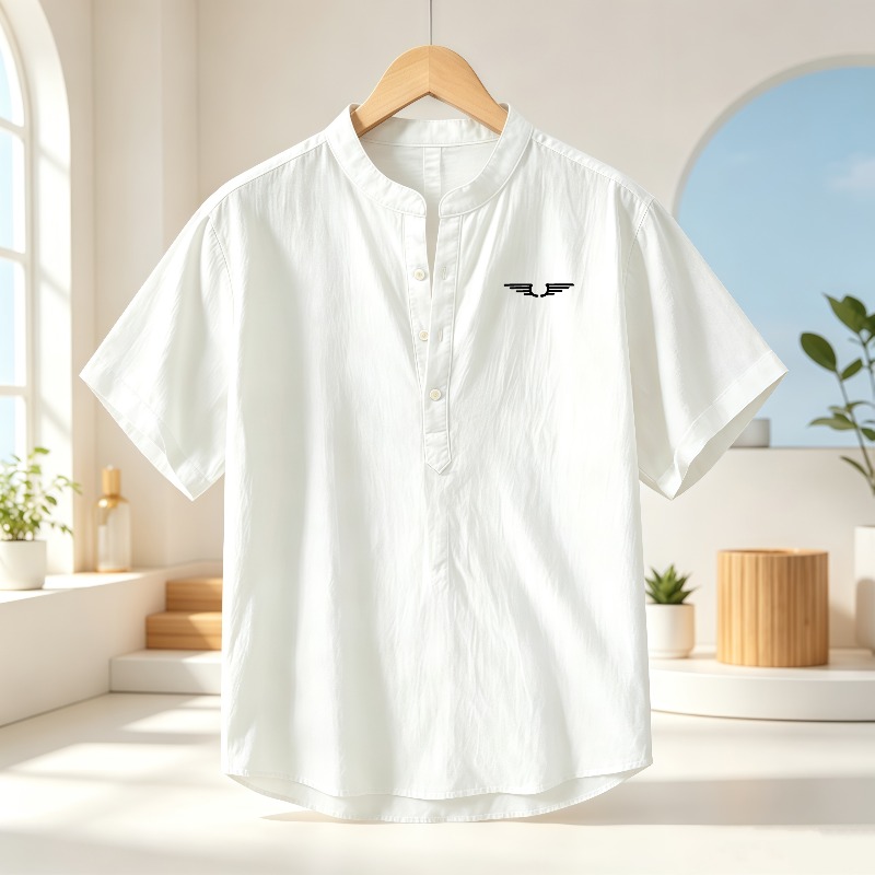 メンズ綿麻ヘンリーカラー半袖シャツ、柄プリント入り通気性カジ - Linen Shirt Breathable のレビューと価格