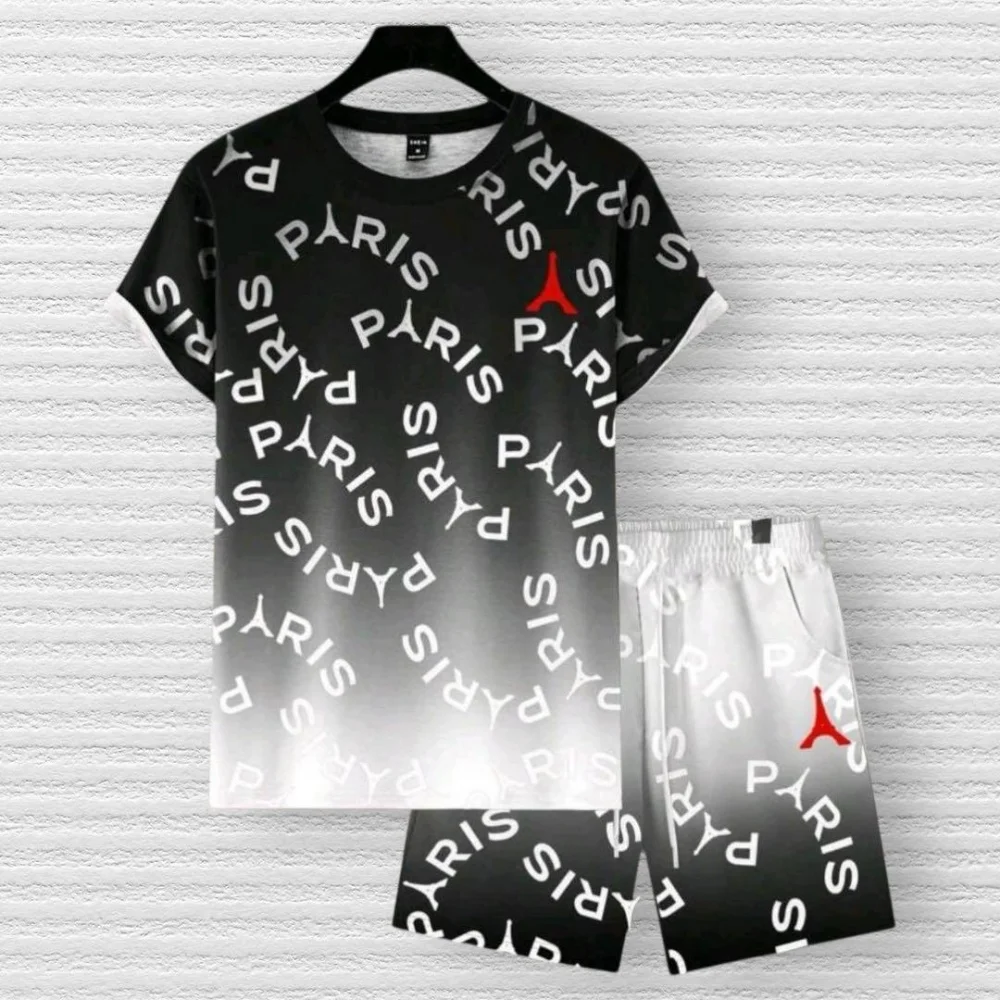 メンズレタープリントラウンドネック半袖Tシャツショーツセット - Tee Graphic Print のレビューと価格