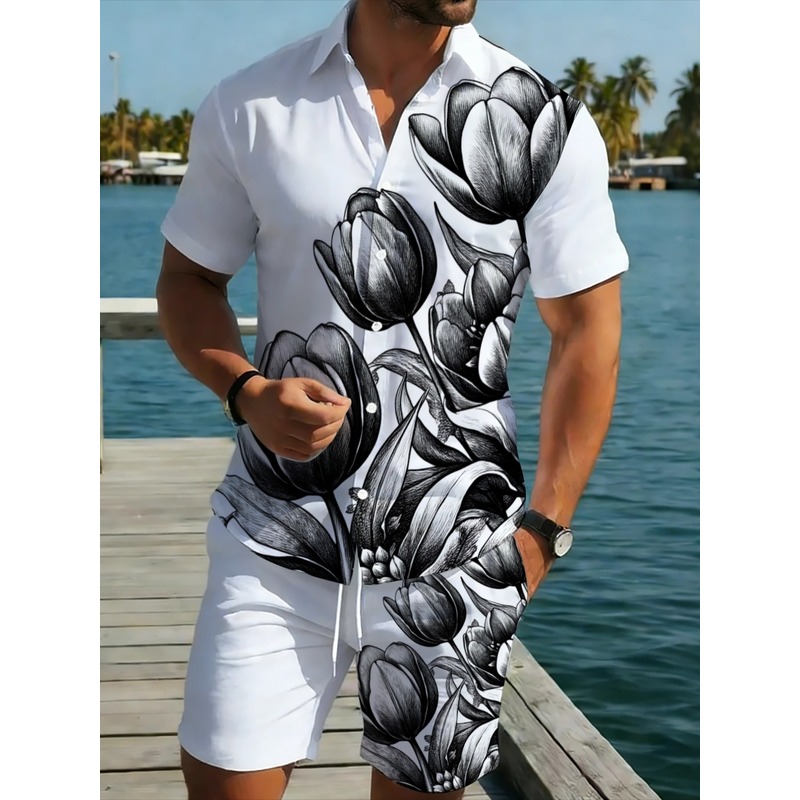 メンズ白花柄プリントシャツとショートパンツセット、軽量ビーチ - Resort Shirt Floral のレビューと価格