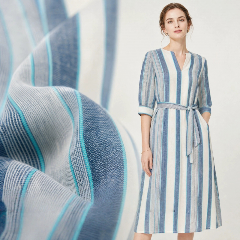 2ヤードの新鮮で芸術的な青と白のストライプ柄の綿麻通気性生地 - Linen Shirt Breathable のレビューと価格